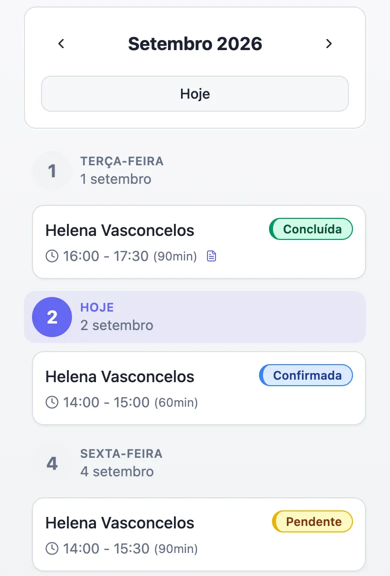 Agenda do portal do aluno no celular, com as aulas do mês: uma concluída, a de hoje confirmada e uma pendente.