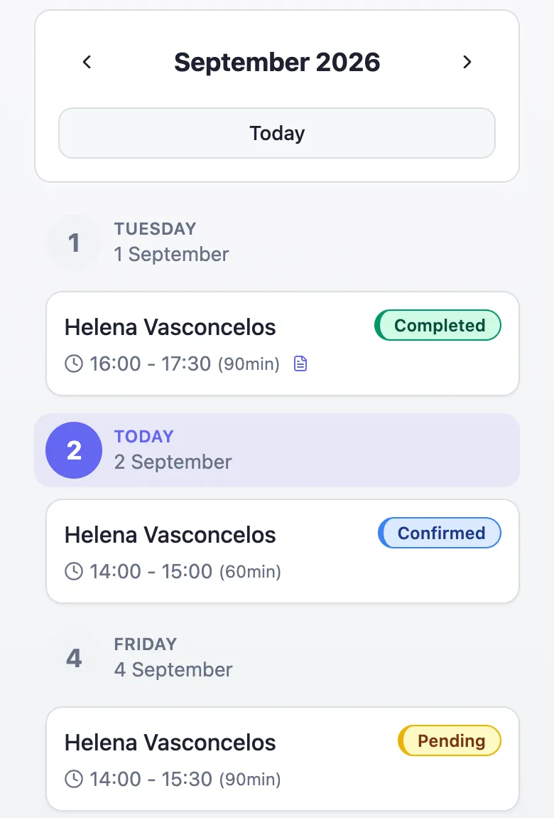 The student portal schedule on a phone, with the month’s lessons: one completed, today’s confirmed and one pending.