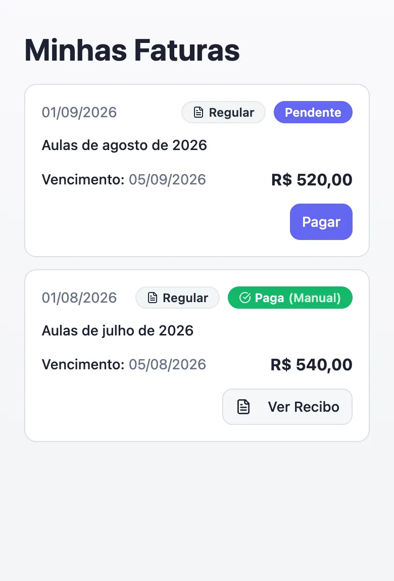 Lista de faturas do aluno, com uma fatura pendente com o botão de pagar e uma paga com o botão de ver o recibo.