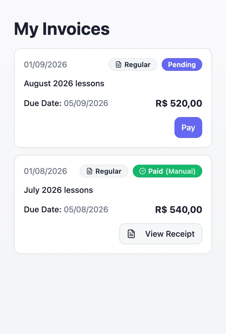 The student’s invoice list, with one pending invoice with a pay button and a paid one with a view receipt button.