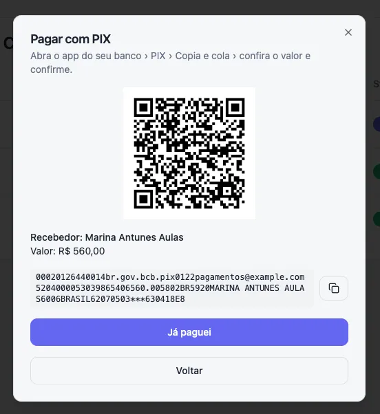 Fatura aberta no portal do aluno com o QR Code do PIX, o código copia e cola e o botão de avisar que já pagou.