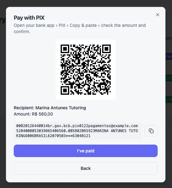 Invoice open in the student portal with the PIX QR code, the copy and paste string and the button to report the payment.