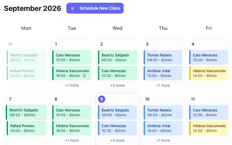 Month view of the Aulency schedule, with each week’s classes color-coded by status: completed, confirmed or pending.