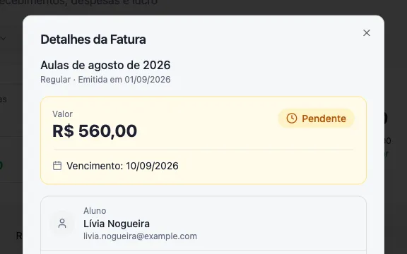 Detalhes da fatura no Aulency, com o valor, a situação de pagamento, o vencimento e o aluno de quem é a fatura.