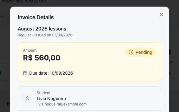 Invoice details in Aulency, with the amount, the payment status, the due date and the student the invoice belongs to.