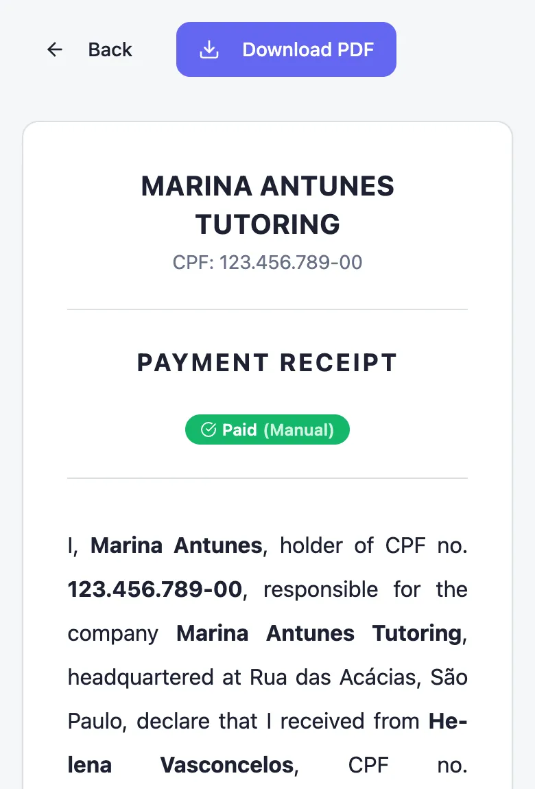 The payment receipt in the student portal, with the written-out text and a download PDF button.