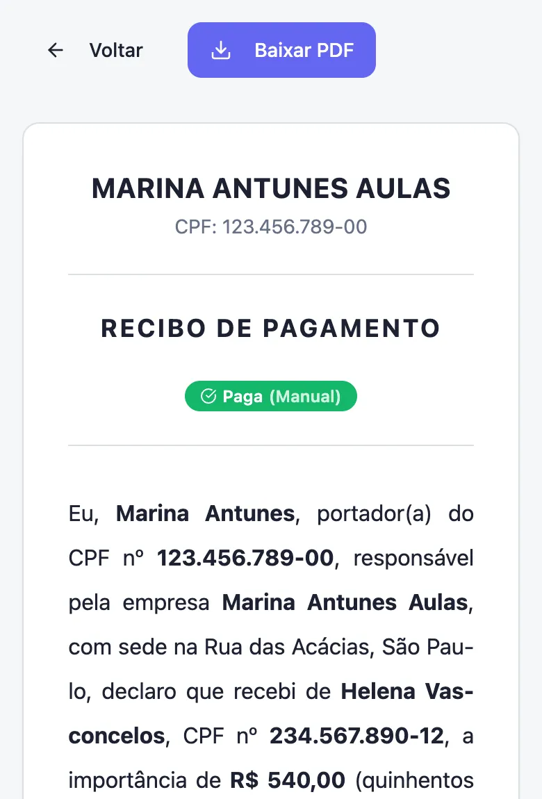 Recibo de pagamento no portal do aluno, com o texto por extenso e o botão de baixar em PDF.