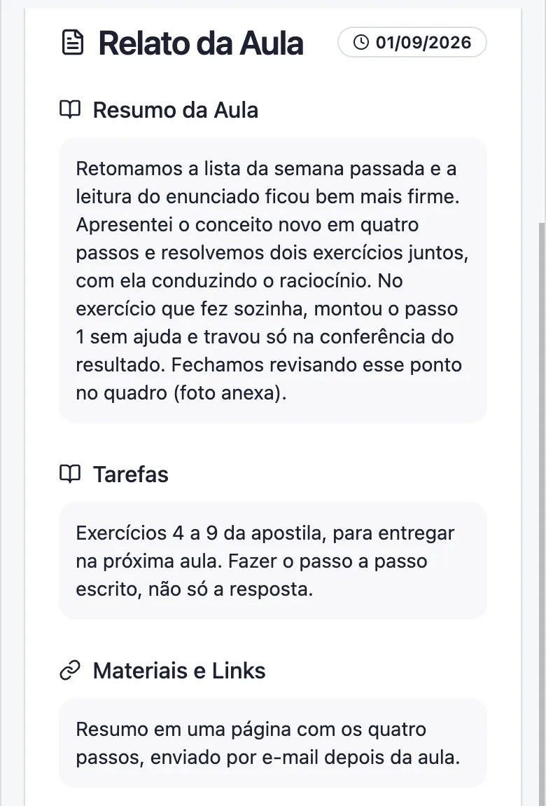 Relatório da aula no portal do aluno, com o resumo da aula, as tarefas e os materiais e links.