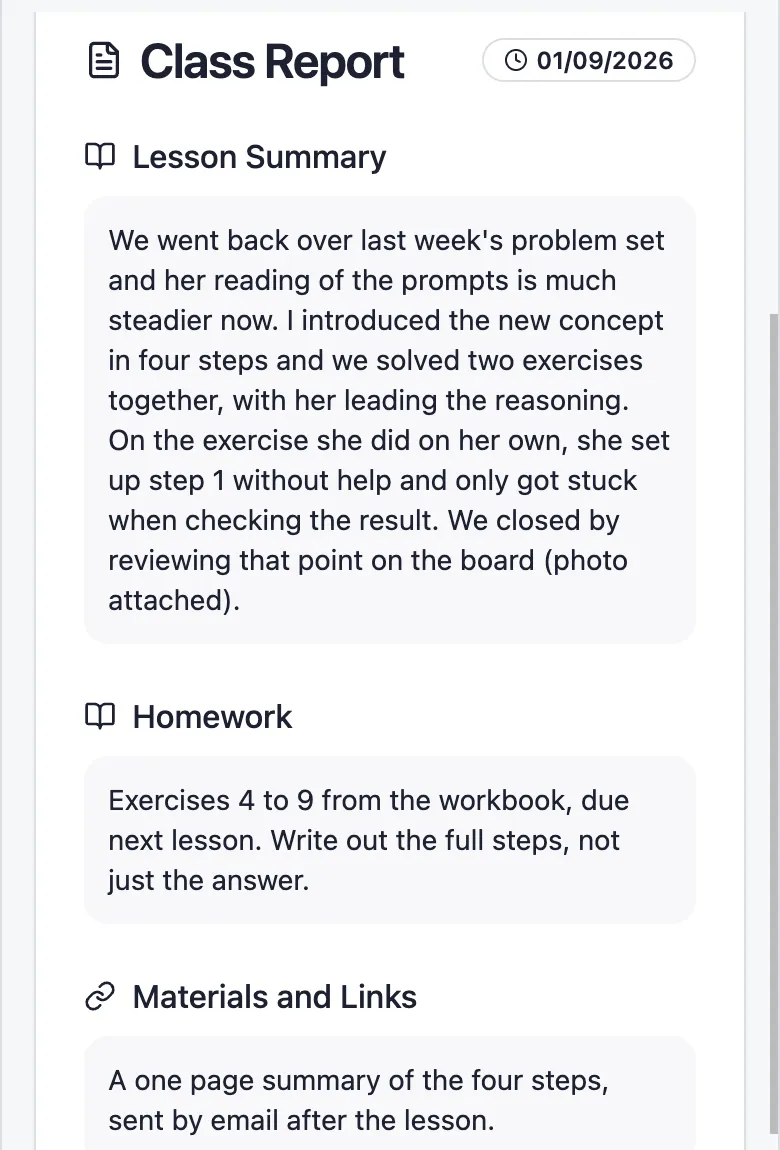 The class report in the student portal, with the lesson summary, the homework and the materials and links.